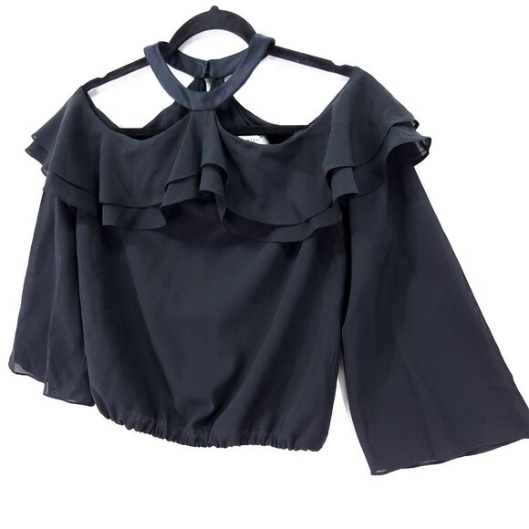Alice + Olivia Silk Halter Top Size XS Cold Shoulder Ruffle Blouse Black - Picture 5 of 12